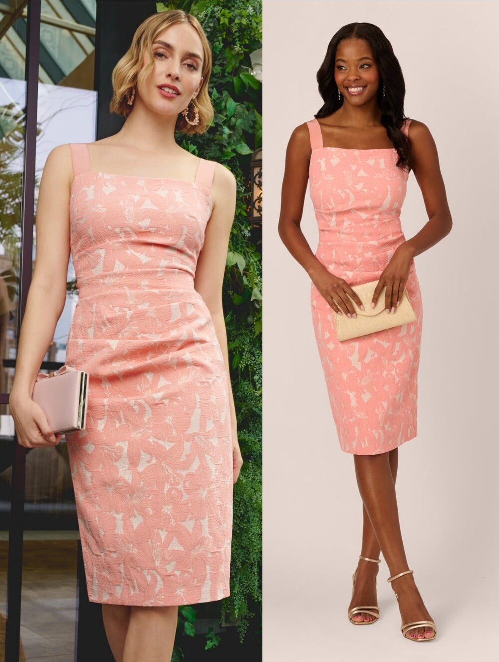 Adrianna Papell Hibiscus Jacquard Sheath Dress Tucked Details Light Coral Sz 12